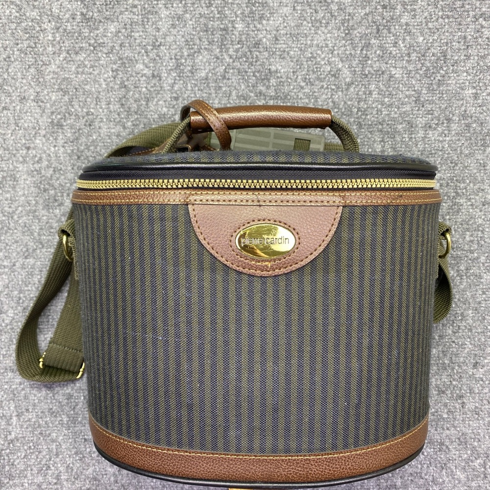 Pierre Cardin Vintage Striped Train Case Vanity Makeup Bag Brown Navy
